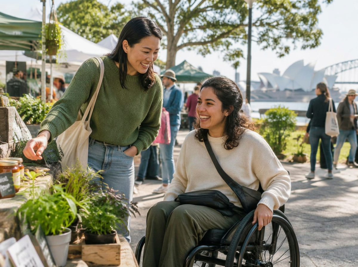 A young woman using a wheelchair and her support worker laugh while browsing plants at a harbourside market.