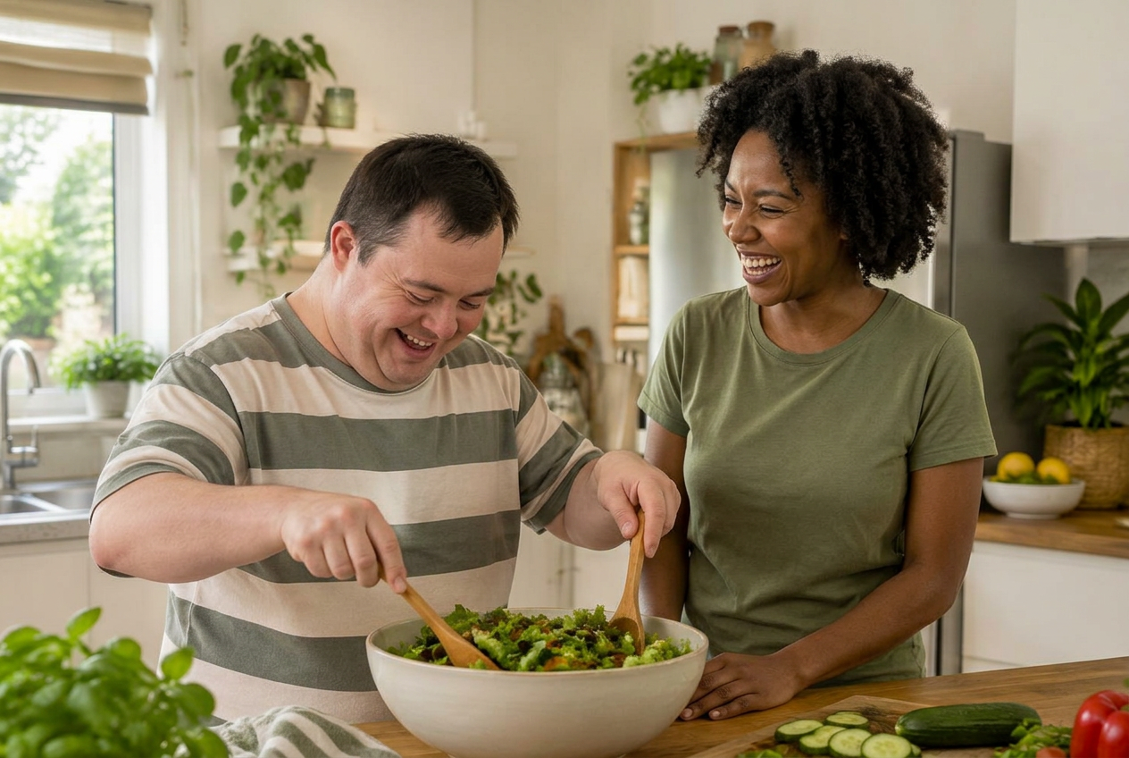 A diverse team of smiling support workers and a nurse standing together in a bright kitchen.